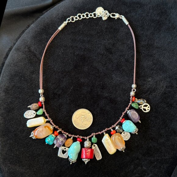 Brighton Imagine Charm Necklace Corded Suede Turquoise Coral MOP Peace Love - Picture 8 of 8